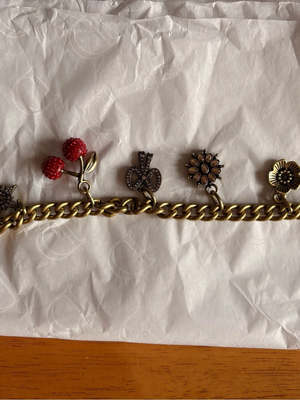 Coach Antique Brass Charm Bracelet with Red Cherry Accents and Floral Charms